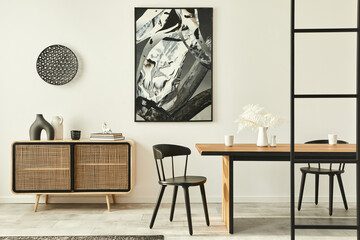 Stylish scandinavian living room interior of modern apartment with wooden commode, design table, chairs, carpet, abstract paintings on the wall and personal accessories in unique home decor. Template. - obrazy, fototapety, plakaty