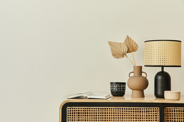 Modern scandinavian home interior with design wooden commode, dried leaf in vase, books, table lamp...