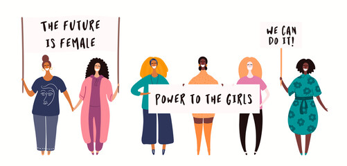 Diverse women group on a protest, holding different placards, banners with copy space. Hand drawn vector illustration, isolated on white. Flat style design. Concept for feminism, gender equality.