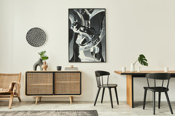 Stylish scandinavian living room interior of modern apartment with wooden commode, design table, chairs, carpet, abstract paintings on the wall and personal accessories in unique home decor. Template.