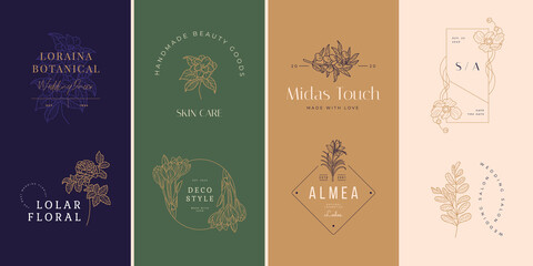 Abstract Flowers Vector Signs or Logo Templates. Retro Floral Illustration with Classy Typography. Feminine Logo. Modern Logo Template for florist, photographer, fashion blogger, design studio.