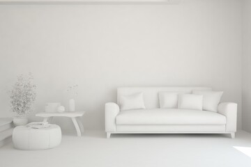 White minimalist living room with sofa. Scandinavian interior design. 3D illustration