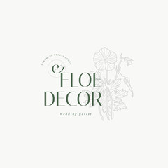 Abstract Flowers Vector Signs or Logo Templates. Retro Floral Illustration with Classy Typography. Feminine Logo. Modern Logo Template for florist, photographer, fashion blogger, design studio.