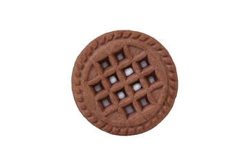 Chocolate and sweet cream filled cookie. Round chocolate cookie with milk cream filling  isolated on white background