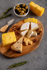 Assorted cheeses with nuts, olives and rosemary.