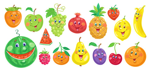 Collection of funny colorful fruits. In cartoon style. Isolated on white background. Vector flat illustration.