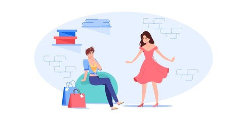 Vector cartoon flat woman characters trying new dress outfit.Happy girl at fashion shop fitting room posing in fashionable dress in front of girlfriend-clothing store,web site banner ad concept