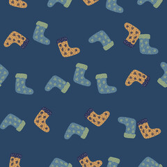 New year seamless pattern with simple cartoon funny socks ornament. Navy blue background. Beige elements.