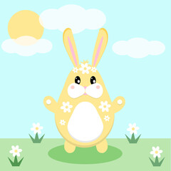 Easter background, postcard. Easter bunny in nature, in flowers, daisies. Vector illustration in a flat style.