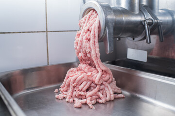 In the kitchen, creating minced pork meat through a meat grinder