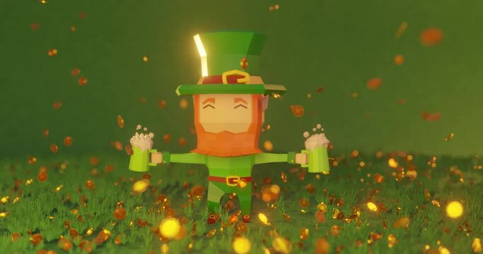 St. patrick's day in 4k. 3d rendered looped video, low poly cartoon character with beer in hands, Falling coins with ClloverLeaf sign