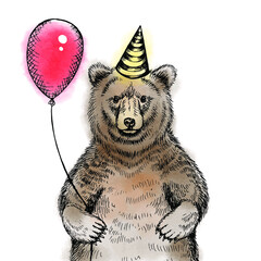 happy birthday greeting card with bear and balloon - 409006480