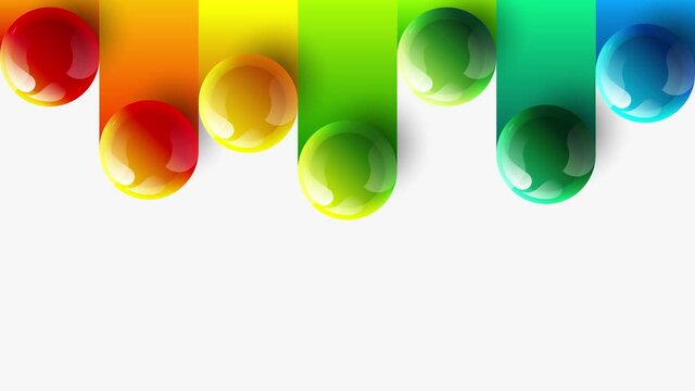 4K bright colorful balls rolling on white background animation. Multicolored rainbow stripes and 3D spheres abstract template backdrop design.