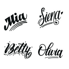 Female names Mia, Siena, Betty, Olivia - set for invitation and greeting cards, envelopes, t-shirts, stickers. Vector composition with lettering and hand drawn elements.  