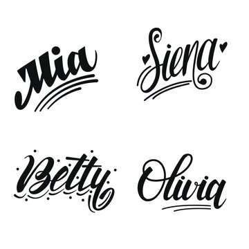 Female names Mia, Siena, Betty, Olivia - set for invitation and greeting cards, envelopes, t-shirts, stickers. Vector composition with lettering and hand drawn elements.  