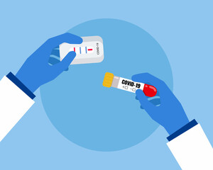 COVID-19 test. Tube with blood sample, saliva and rapid test. Cartoon vector style for your design. 