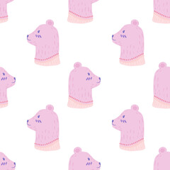 Isolated seamless pattern with lilac bear head ornament. White background. Animal zoo backdrop.
