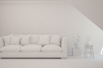 White minimalist living room with sofa. Scandinavian interior design. 3D illustration