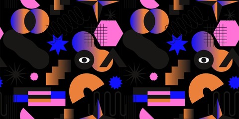 Seamless pattern with simple geometric minimalistic abstract shapes and figures with gradient. Contemporary trendy bauhaus and swiss style endless print or ornamnet.