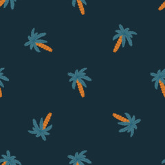 Decorative seamless pattern with blue palm tree ornament. Dark background. Doodle style nature hawaii print.