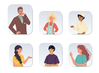 Set of cartoon girl boy flat characters avatars of different races,status,professions talking and communicate-various poses,clothes,emotions-Lifestyle,communication,fashion,social media concept