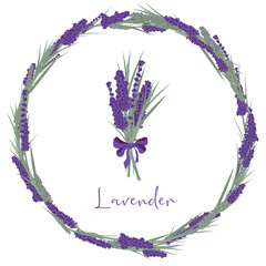 lavender frame, wedding, circle round wreath lila flowers leaves. vector herbal plant set. Save the date card