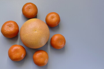 Grapefruit and tangerines on gray background