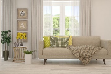 White living room with sofa and summer landscape in window. Scandinavian interior design. 3D illustration