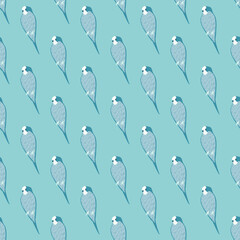 Animal bird seamless pattern with simple parrot elements. Blue background. Tropical zoo backdrop.