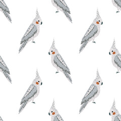 Isolated seamless pattern with grey cartoon cute cockatto parrot silhouettes. White background.