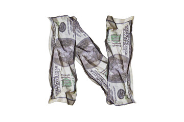 Font, letter N made of crumpled money, dollars