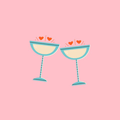 Two glasses of champagne or cocktail, celebrating, making a toast. Vector illustration in trendy cartoon mid century style. 