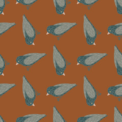 Hand drawn seamless cartoon pattern with grey simple birs silhouettes. Brown background.