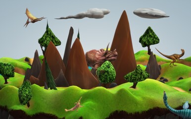 Jurassic Park 3D: Herbivorous dinosaurs graze on a mountain plateau. Pterodactyl flying in the sky © IrinDemi