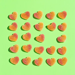 Jelly heart shaped candies, sweets, creative background