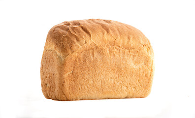Whole loaf of wheat bread isolated on white background.
