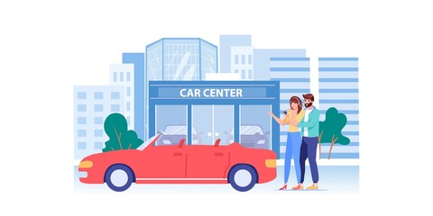 Vector cartoon flat family characters buy or rent car,happy smiling people buying,renting automobile at car center-auto service,shopping and rental,social media concept for web site