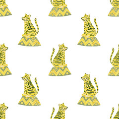 Isolated seamless pattern with yellow cartoon tiger silhouettes. White background. Circus print.