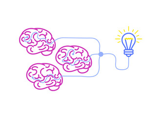 Vector Brainstorming Illustration, Brains and Idea Lightbulb on White Background, Colorful Icons, Teamwork Concept.