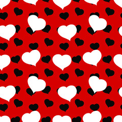 Black and white hearts on a red background. Seamless pattern.