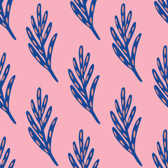 Contrast bright seamless pattern with navy blue doodle leaf branches shapes. Pink background. Simple design.