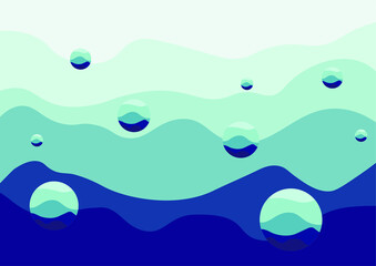 vector with abstract background. illustration of waves of blue color in different tones. flying spheres. bubbles of different colors