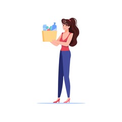 Vector cartoon flat woman character carry purchased goods orders.Happy customer holds ordered products-food delivery service,online grocery foods store,shopping,web site banner ad concept