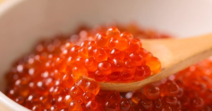 いくらの醤油漬けをスプーンで持ち上げる　Japanese soy sauce with the salmon roe