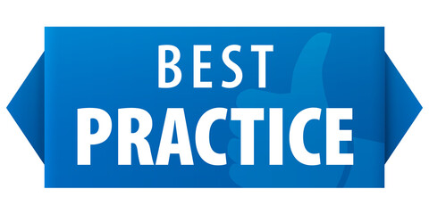 Best Practice text on blue ribbon banner icon with thumb up symbol isolated on white background. Best practices symbol.