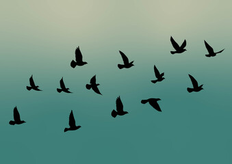 Flying birds silhouettes on gradient background. Vector illustration. isolated bird flying. tattoo design. wallpaper template.
