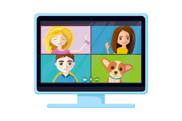 Virtual conference call with people and puppy. Monitor with online zoom meet of friends or colleagues. Vector illustration in cartoon style