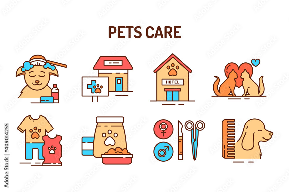 Poster pet care color line icons set. providing great services for pets. improving their life. pictogram fo