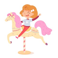 Girl riding in amusement park on horse. Happy child sitting in seat moving in carousel vector illustration. Kid having fun in summer carnival or fair in attraction on white background