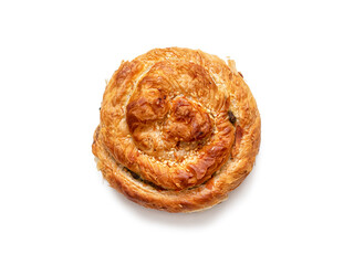 Fresh puff pastry baked goods stuffed with minced chicken on white